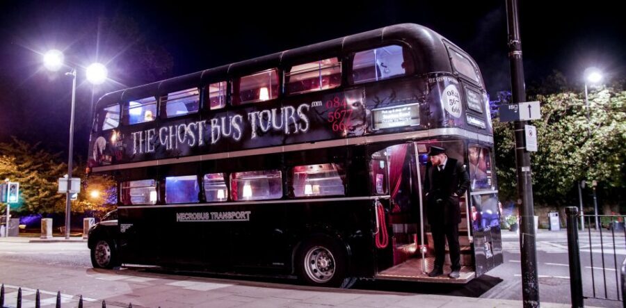 Comedy Horror Show: York Ghost Bus Tour - The Necrobus ride setup: classic bus, on-board actors, and pitch control