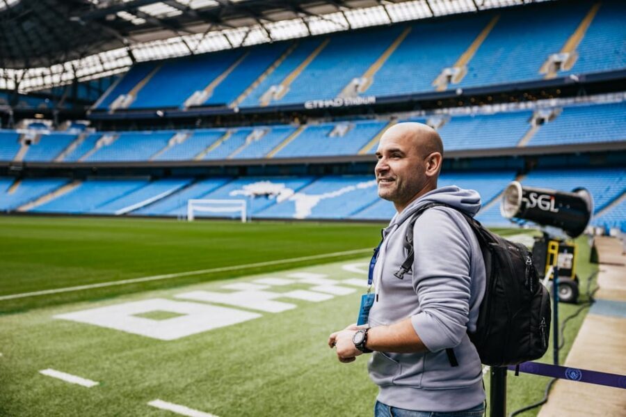 Etihad Stadium: The Manchester City Stadium Tour - Press Conference Room: virtual Pep Guardiola Q&A and the photo