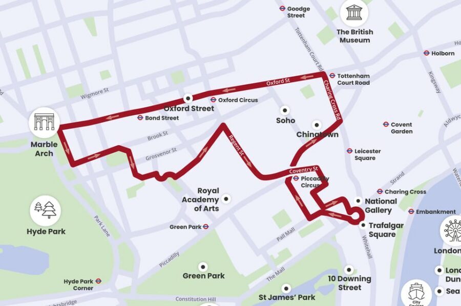 London: Tootbus Christmas Lights Tour incl walking tours - Starting at Coventry Street: how a 1-hour Christmas loop really feels